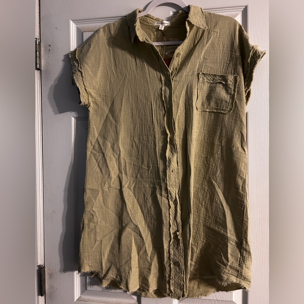 NWT Olive Green Gauze Mini Dress – Raw Hem, Relaxed Fit